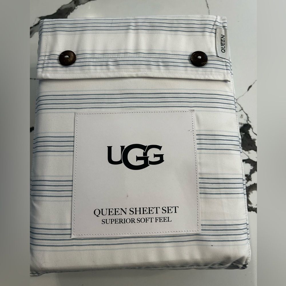 UGG Queen Sheet Set with Blue Stripes NWT